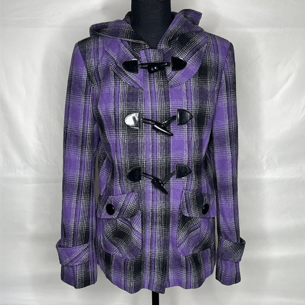 Charles Klein Woman's Mid Length Wool Blend Purple/Black Hooded Coat Sz Medium